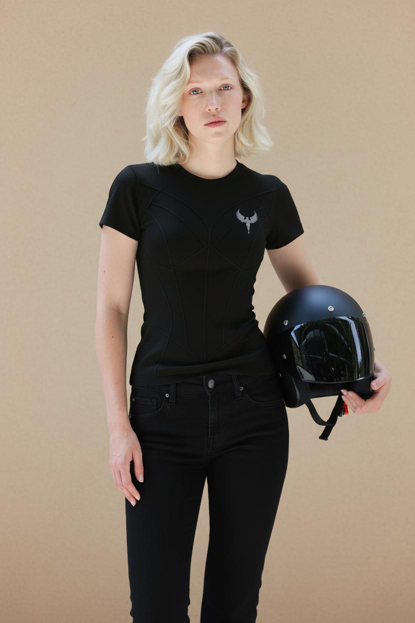 Top noir avec design style super héros en spandex et elsathane.