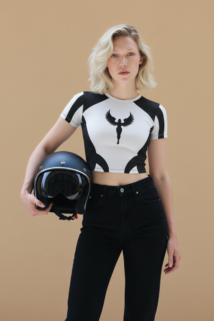 Crop top noir et blanc en spandex et elasthane avec effet super héros DAITENSHI.
