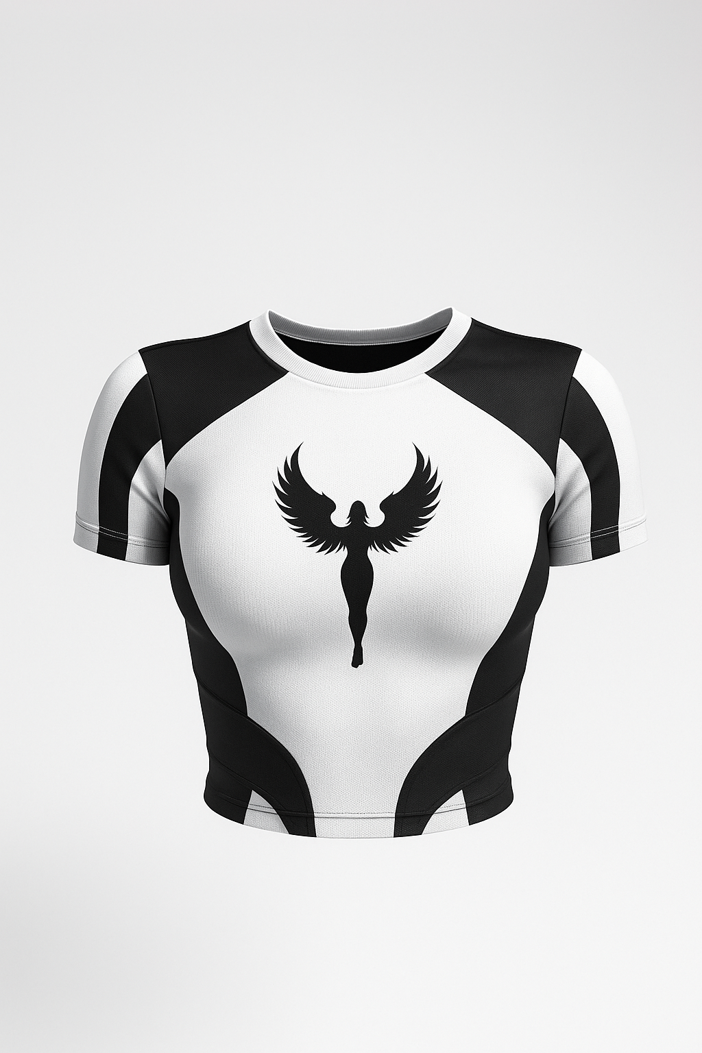 Crop top noir et blanc en spandex et elasthane avec effet super héros DAITENSHI.