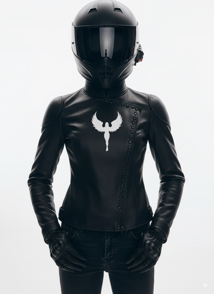 Veste Izanami en cuir noir. Certifiée CE.