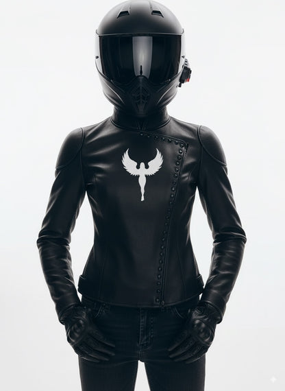 Veste Izanami en cuir noir. Certifiée CE.