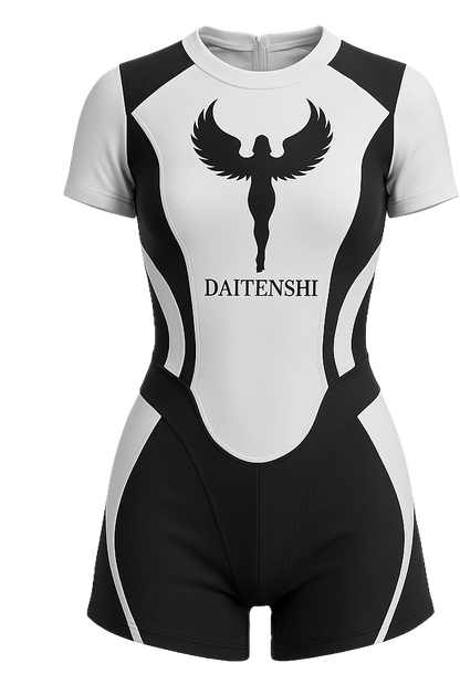 Combishort DAITENSHI noire et blanche en spandex et elasthane style super héros (devant).