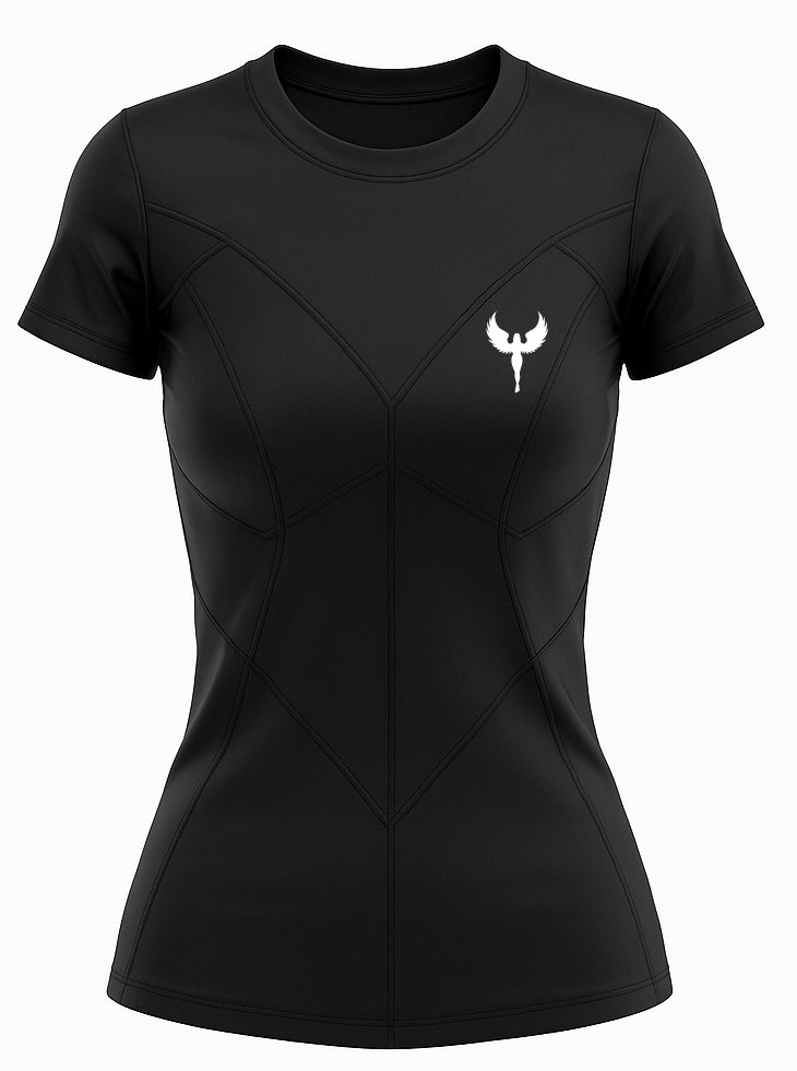 Top noir avec design style super héros en spandex et elsathane.