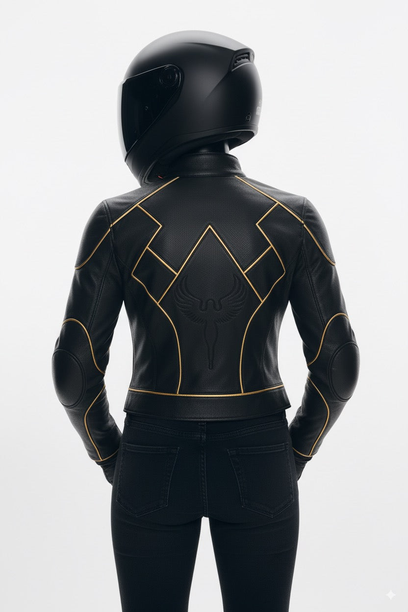 Veste Raijin DAITENSHI en cuir noir avec biais doré.