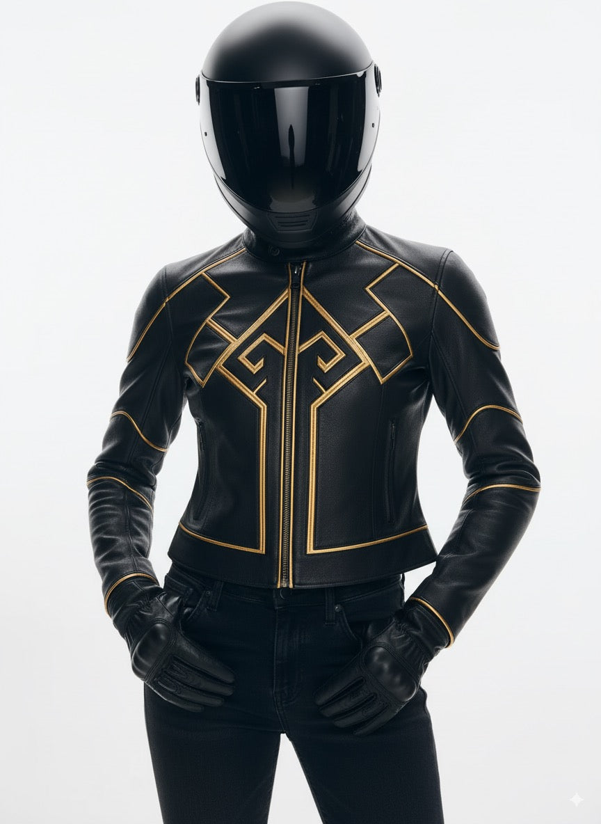 Veste Raijin DAITENSHI en cuir noir avec biais doré.