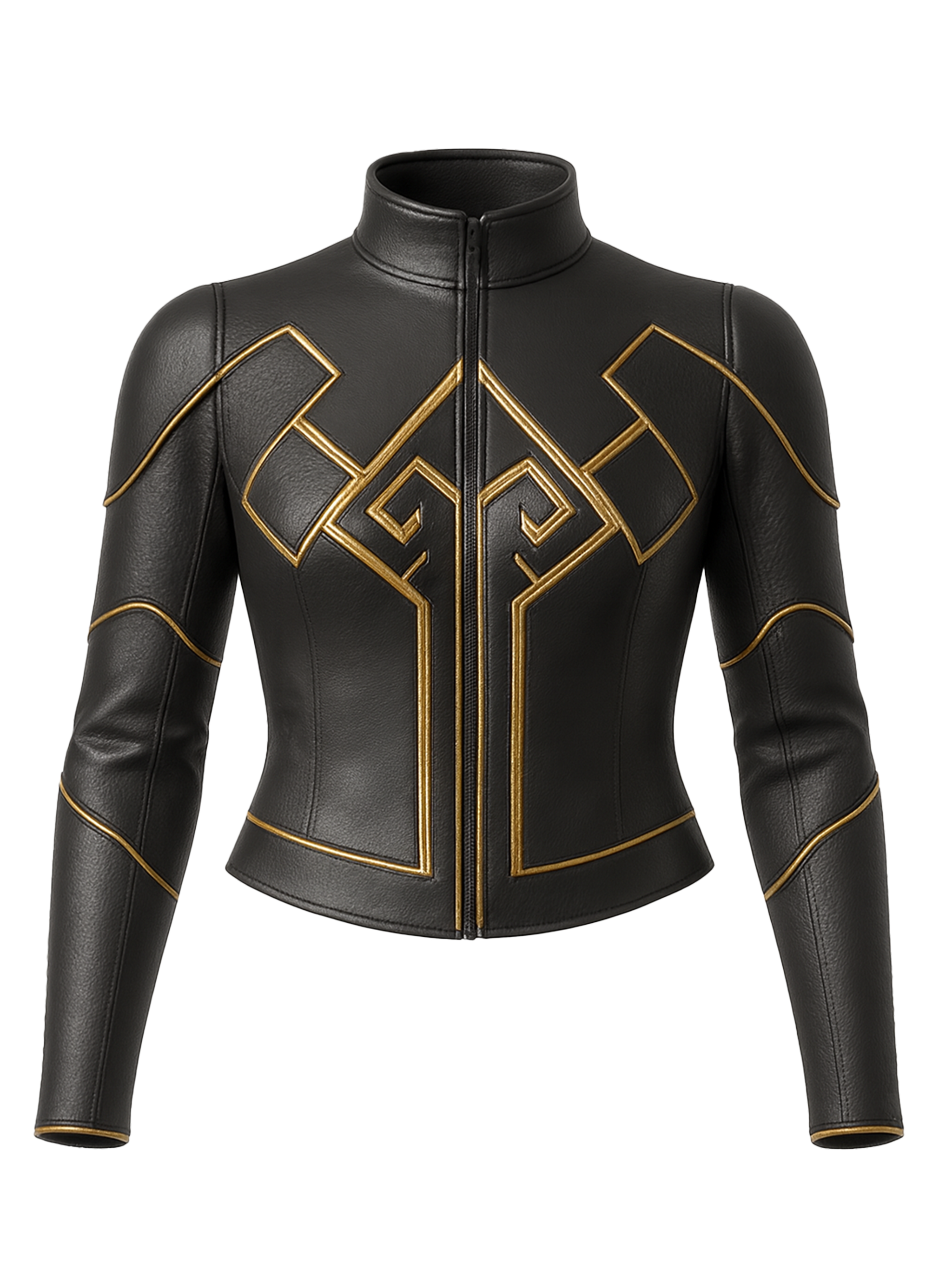 Veste Raijin DAITENSHI en cuir noir avec biais doré. Certifiée CE.